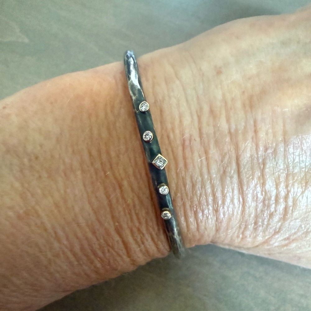 Rebecca Overmann Forged Rhodium Plated Silver Bangle with Diamond Accents